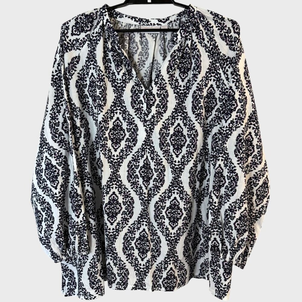 Belle by Kim Gravel Floral Ikat Blouson Sleeve Blouse Black & White Women's 4X